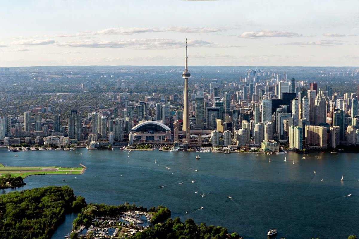Aerial view of Toronto and Lake Ontario on a clear day